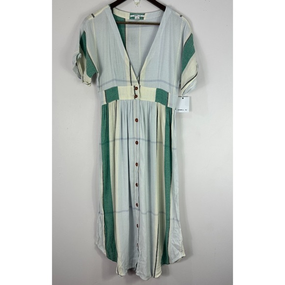O'Neill Button Midi Dress Small Green Cream Stripe Boho Coastal Beachy Preppy - Picture 1 of 8